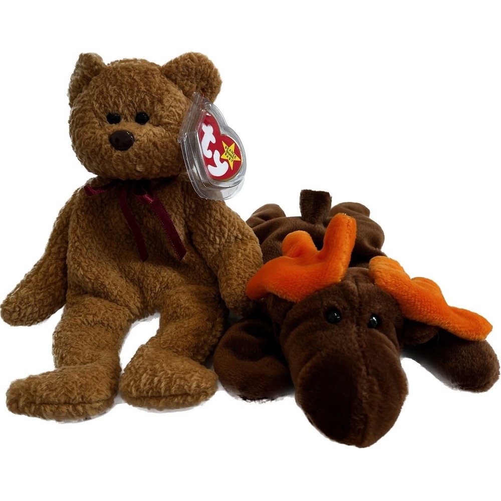 Lot 2 Vntg TY Beanie Babies Curly The Bear 1996 Chocolate Moose 1993 Plush Toys